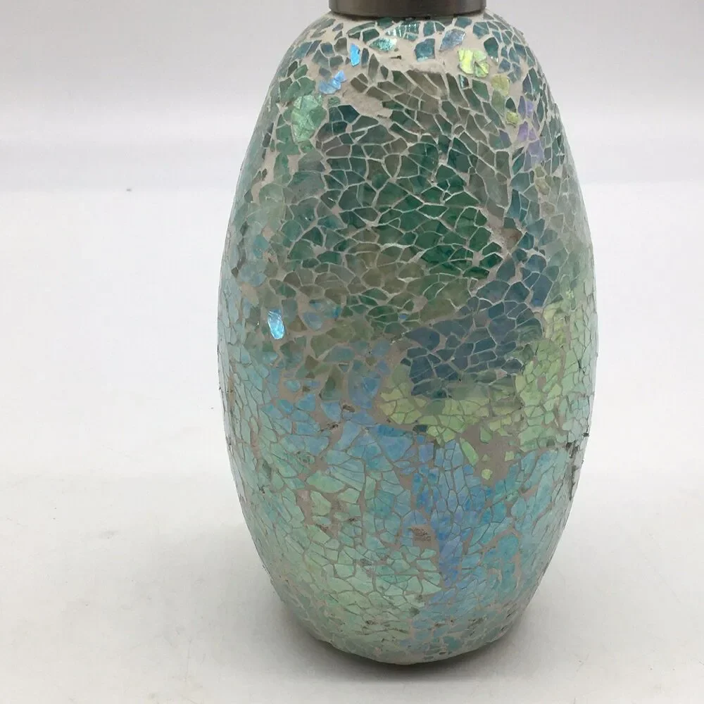 Blue Green Mosaic Glass Silver Tone 8” Soap Lotion Dispenser Never Used READ